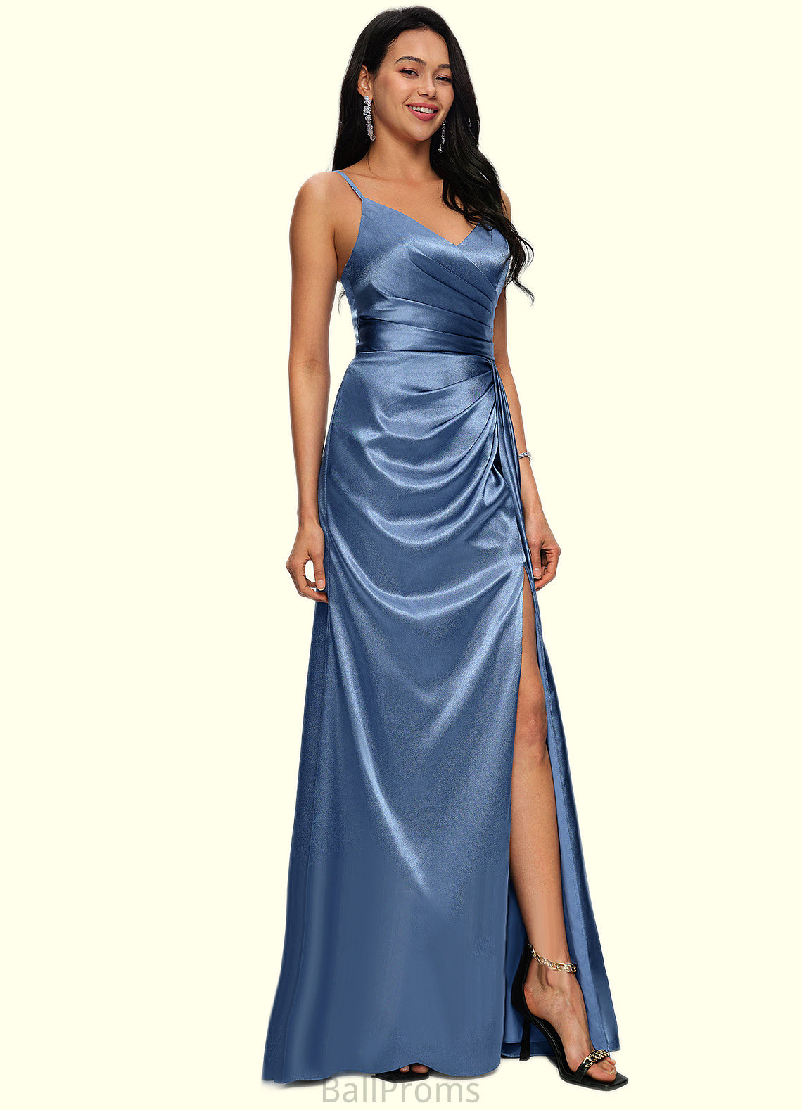 Anaya Sheath/Column V-Neck Floor-Length Stretch Satin Prom Dresses With Pleated HJP0022214