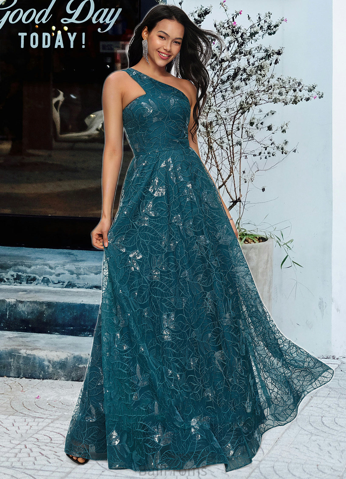 Emily A-line Asymmetrical Floor-Length Lace Prom Dresses With Sequins HJP0022219