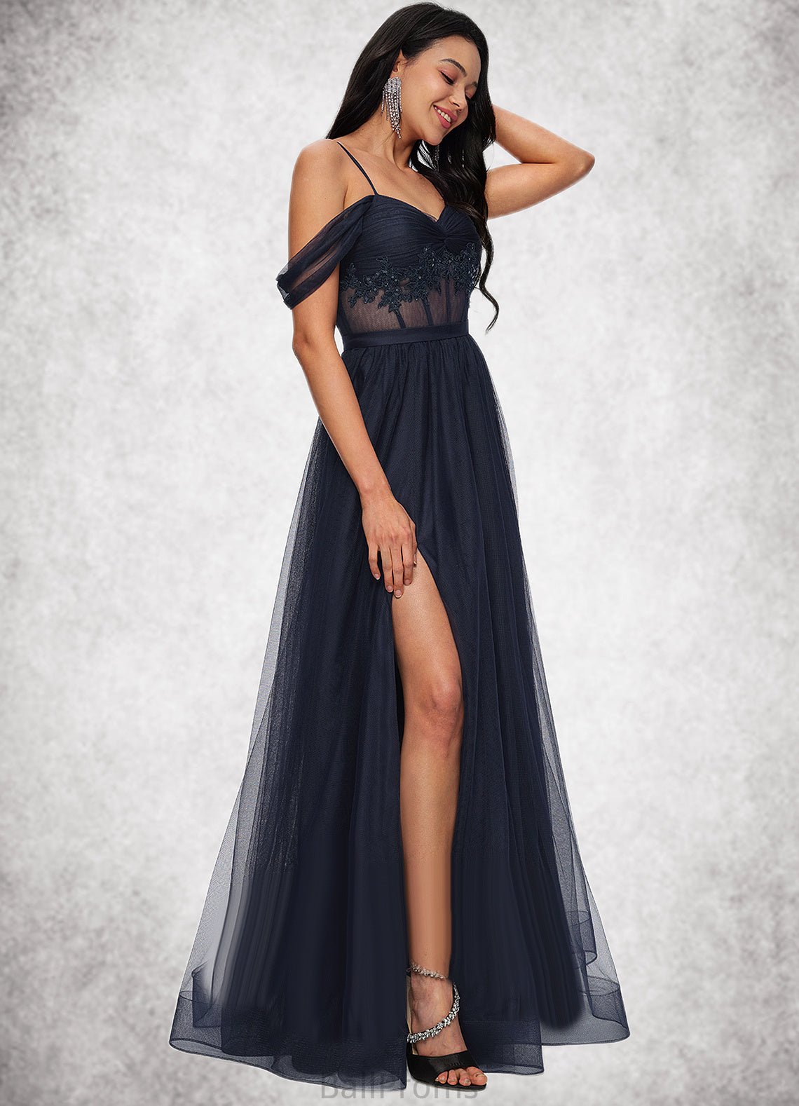 Karlie Ball-Gown/Princess Off the Shoulder Floor-Length Tulle Prom Dresses With Appliques Lace Sequins HJP0022221