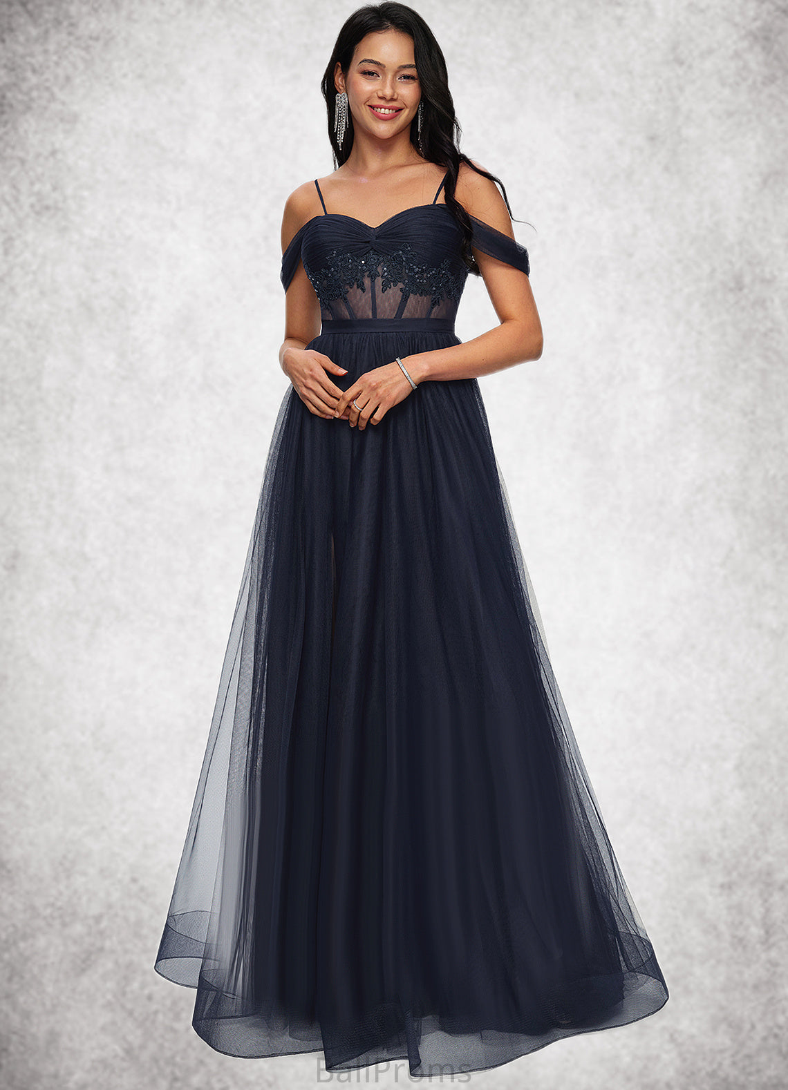 Karlie Ball-Gown/Princess Off the Shoulder Floor-Length Tulle Prom Dresses With Appliques Lace Sequins HJP0022221