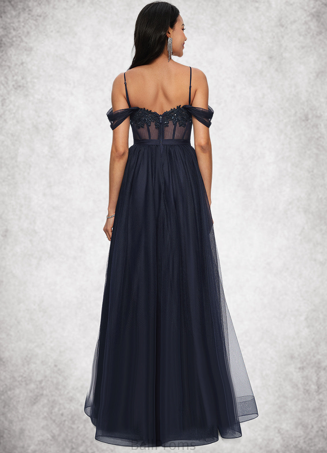 Karlie Ball-Gown/Princess Off the Shoulder Floor-Length Tulle Prom Dresses With Appliques Lace Sequins HJP0022221