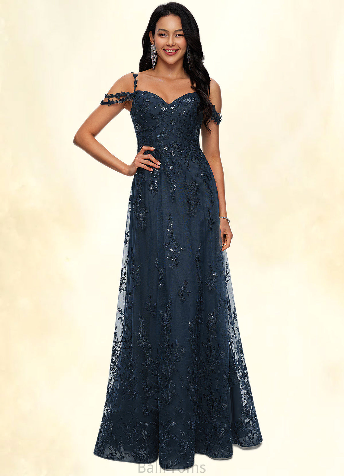 Clarissa A-line V-Neck Floor-Length Lace Prom Dresses With Sequins HJP0022222