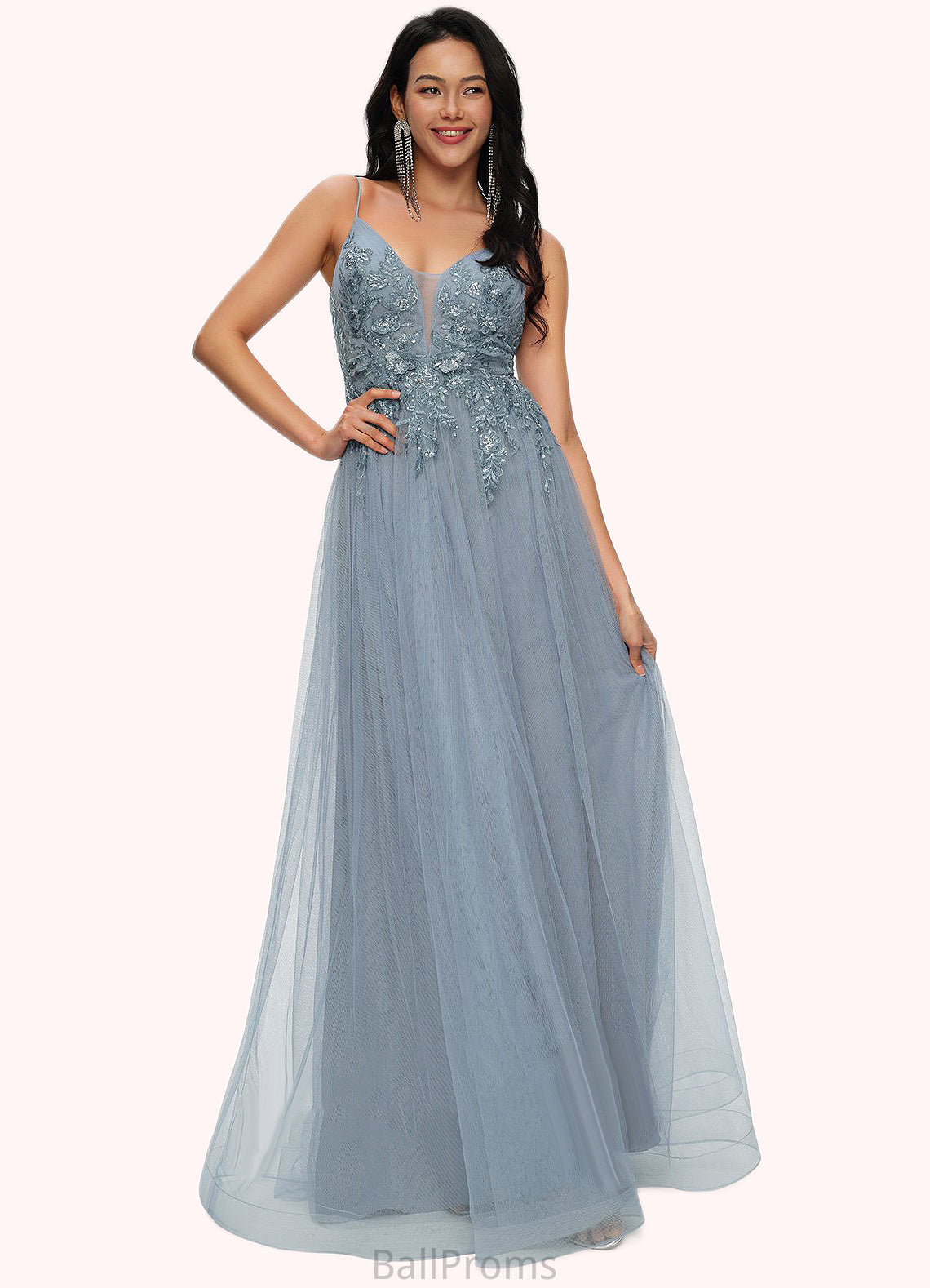 Princess A-line V-Neck Floor-Length Tulle Prom Dresses With Appliques Lace Sequins HJP0022223