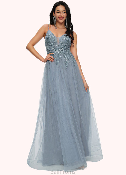 Princess A-line V-Neck Floor-Length Tulle Prom Dresses With Appliques Lace Sequins HJP0022223