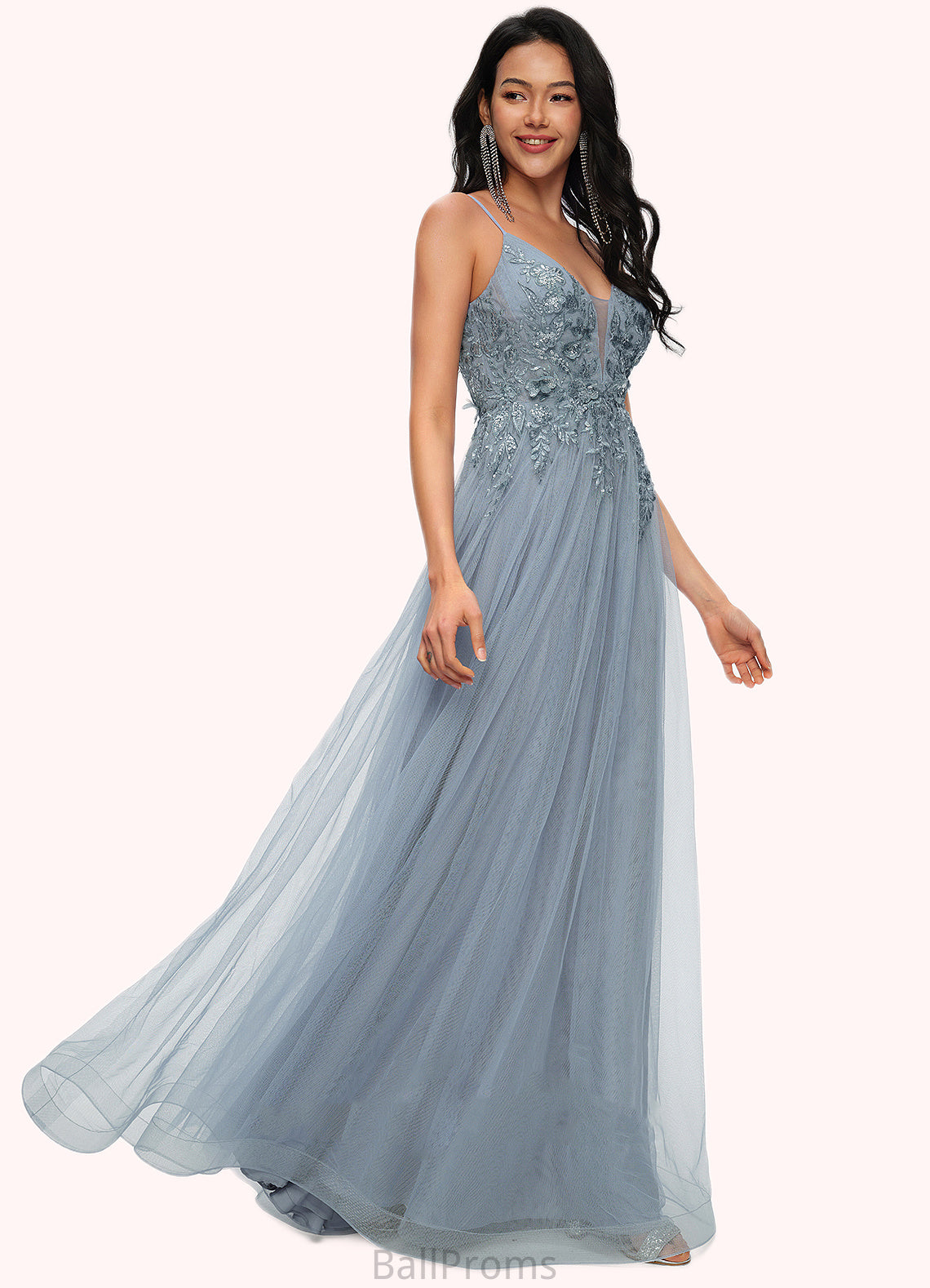 Princess A-line V-Neck Floor-Length Tulle Prom Dresses With Appliques Lace Sequins HJP0022223