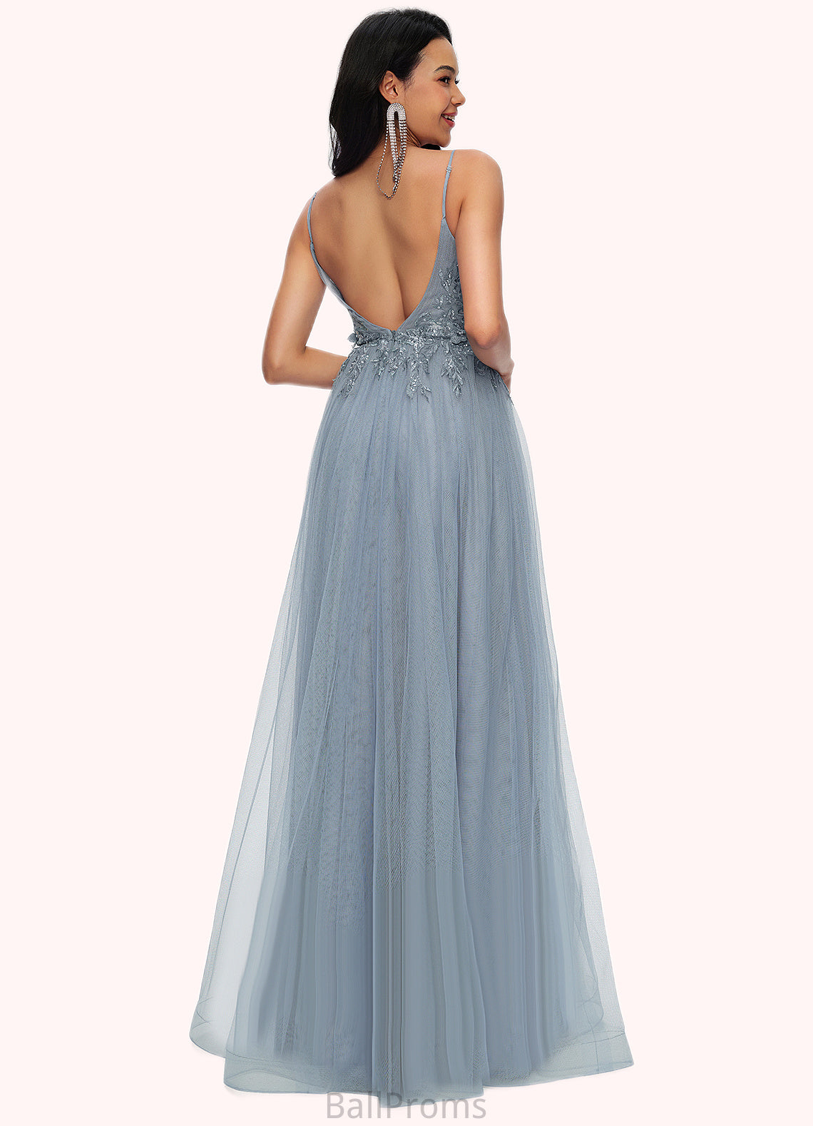 Princess A-line V-Neck Floor-Length Tulle Prom Dresses With Appliques Lace Sequins HJP0022223