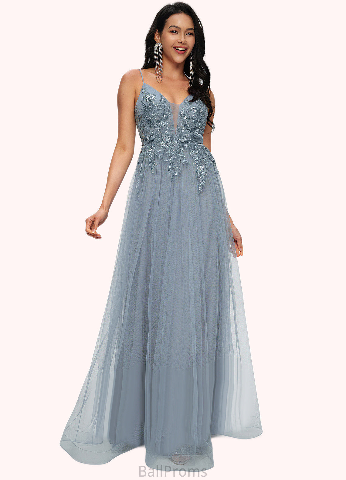 Princess A-line V-Neck Floor-Length Tulle Prom Dresses With Appliques Lace Sequins HJP0022223