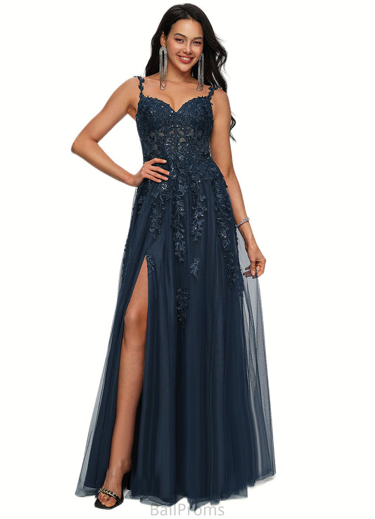 Mira A-line V-Neck Floor-Length Tulle Prom Dresses With Sequins HJP0022224