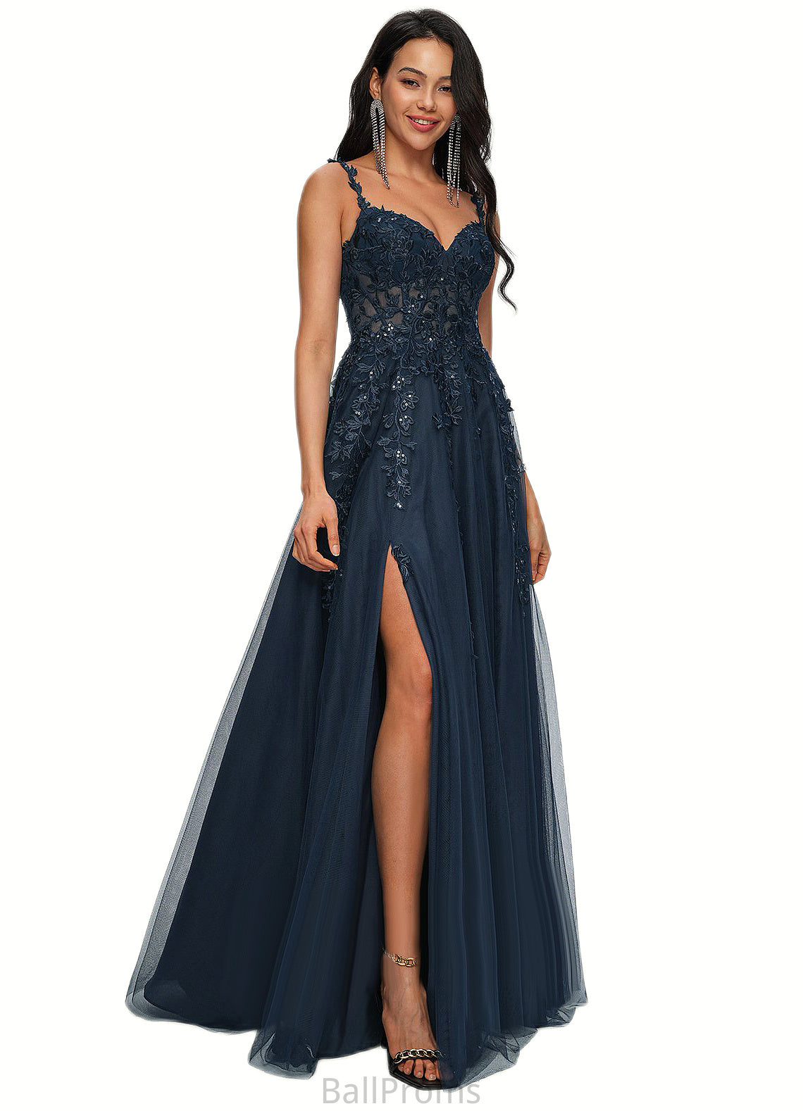 Mira A-line V-Neck Floor-Length Tulle Prom Dresses With Sequins HJP0022224