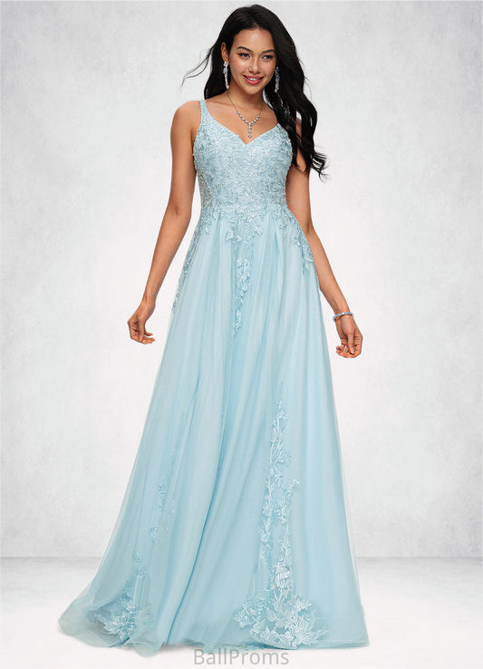 Milagros A-line V-Neck Floor-Length Tulle Prom Dresses With Rhinestone Appliques Lace Sequins HJP0022225