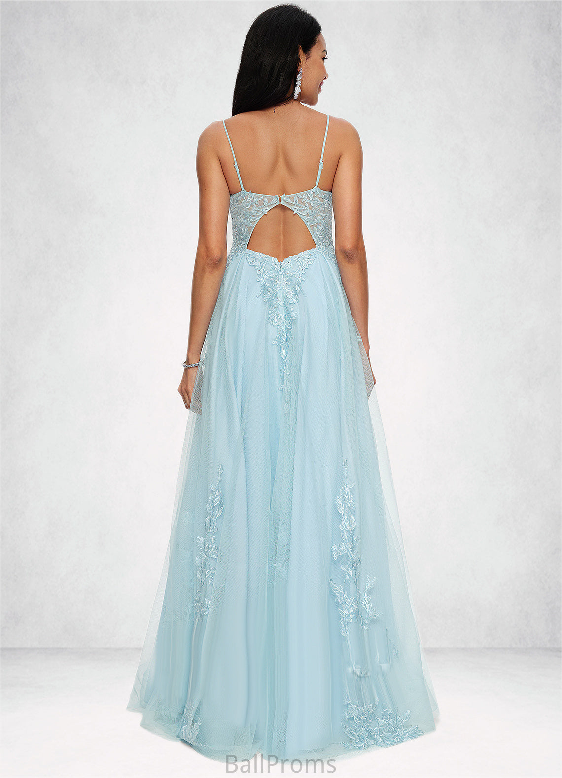 Milagros A-line V-Neck Floor-Length Tulle Prom Dresses With Rhinestone Appliques Lace Sequins HJP0022225