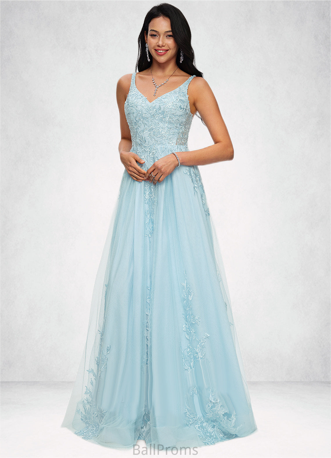 Milagros A-line V-Neck Floor-Length Tulle Prom Dresses With Rhinestone Appliques Lace Sequins HJP0022225