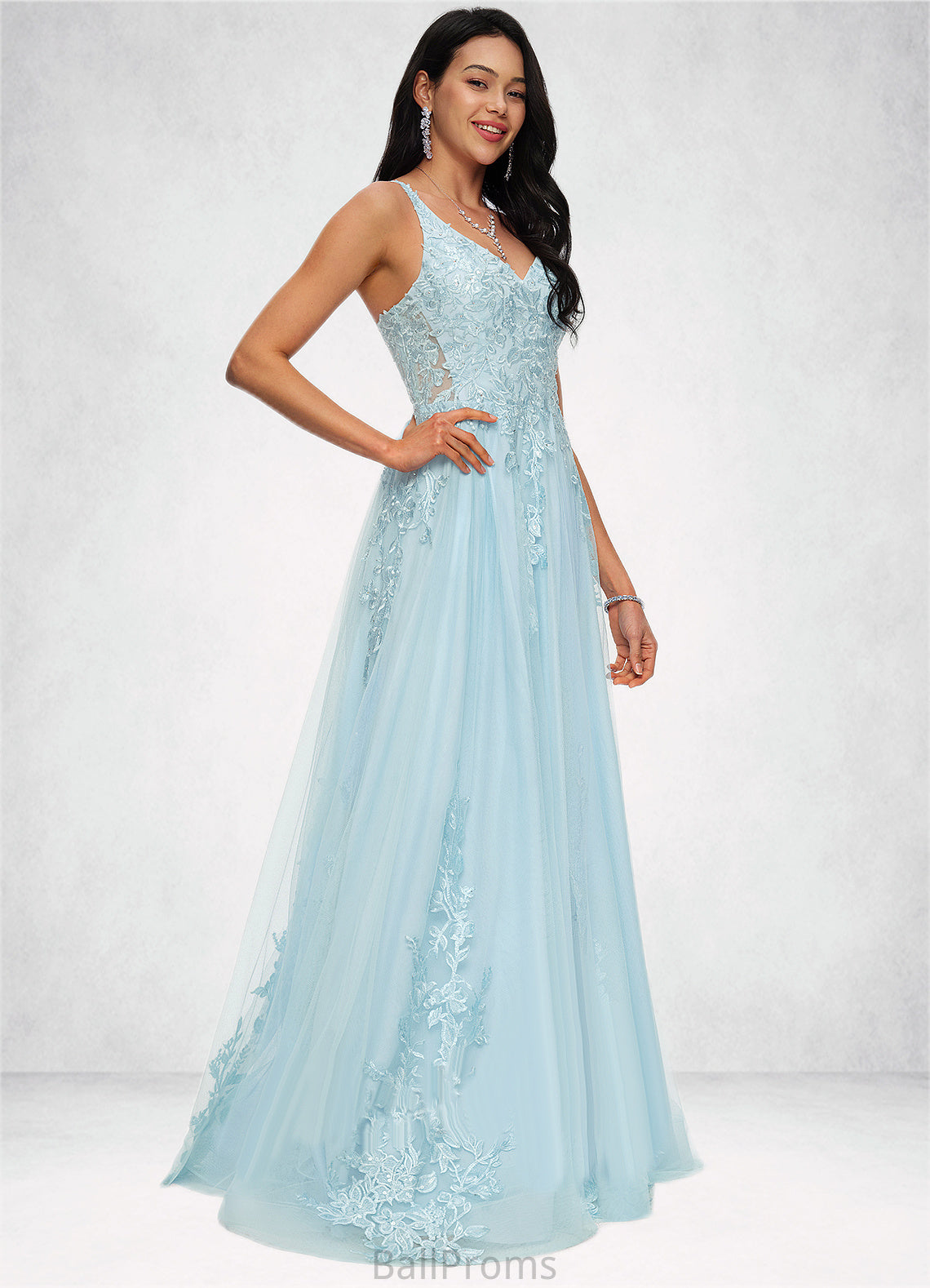 Milagros A-line V-Neck Floor-Length Tulle Prom Dresses With Rhinestone Appliques Lace Sequins HJP0022225