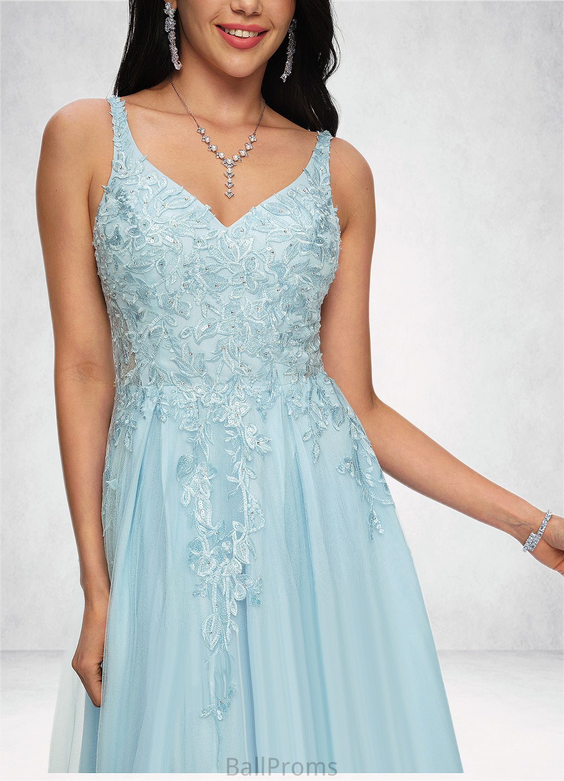 Milagros A-line V-Neck Floor-Length Tulle Prom Dresses With Rhinestone Appliques Lace Sequins HJP0022225