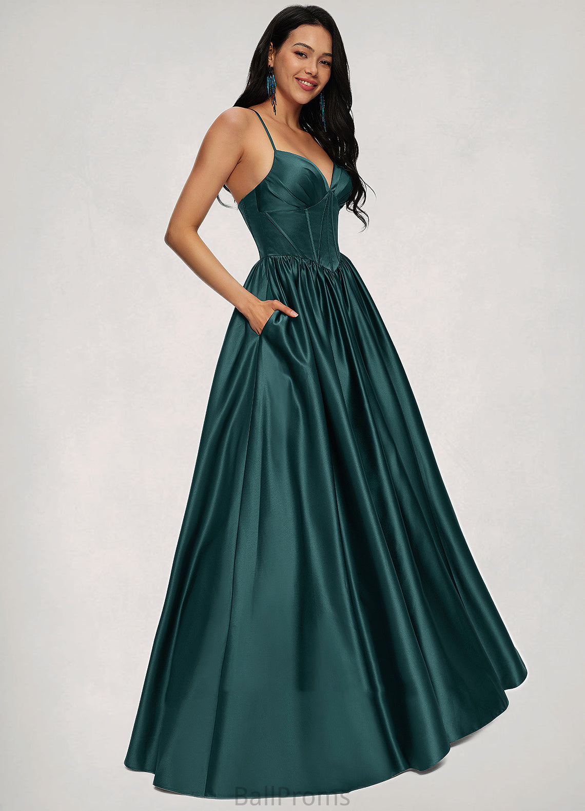 Mckayla Ball-Gown/Princess V-Neck Floor-Length Satin Prom Dresses With Pleated HJP0022230