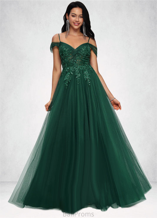 Alexandria A-line Off the Shoulder Floor-Length Tulle Prom Dresses With Appliques Lace Sequins HJP0022231