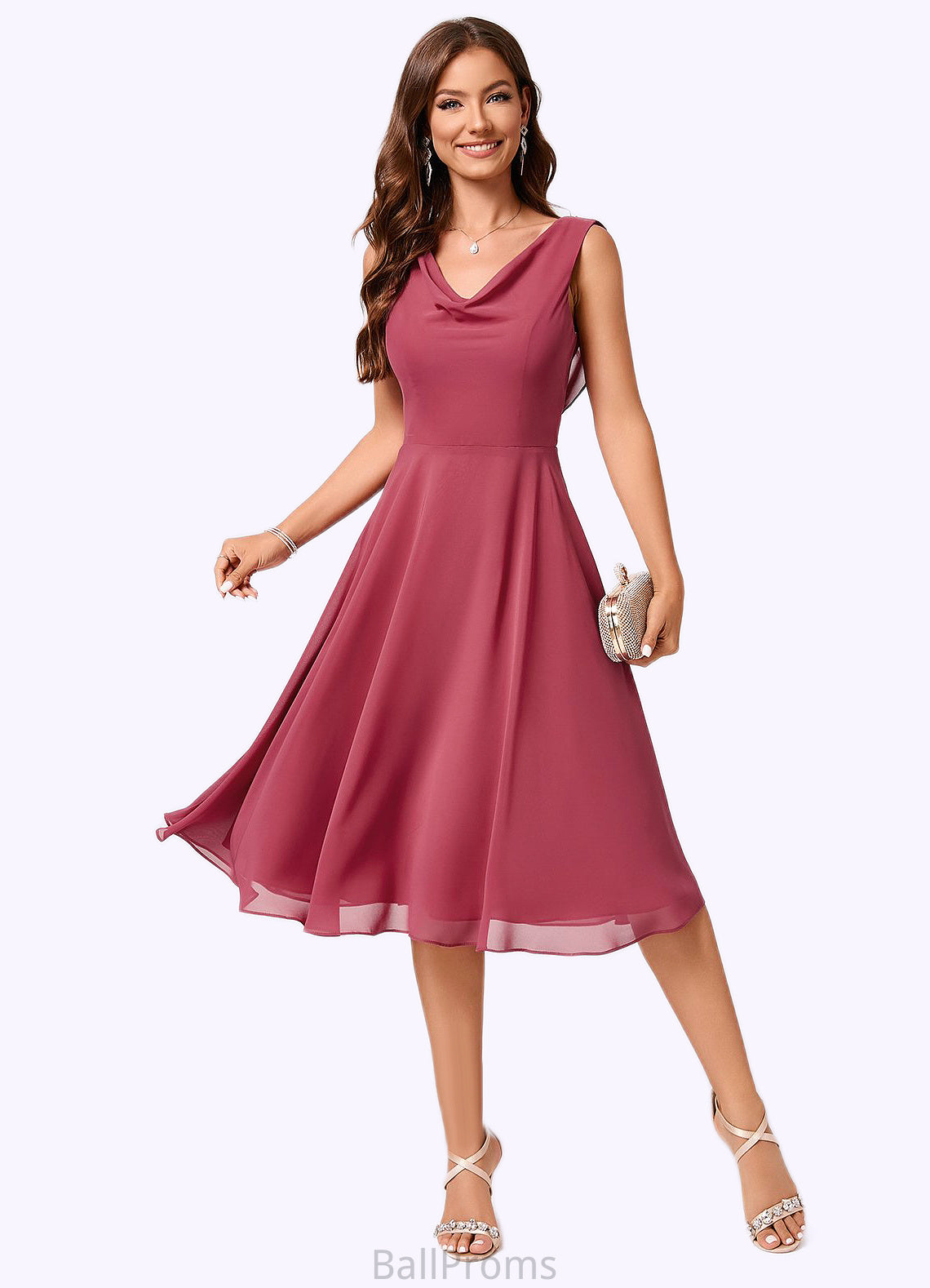 Matilda A-line Cowl Knee-Length Chiffon Cocktail Dress With Ruffle HJP0022232