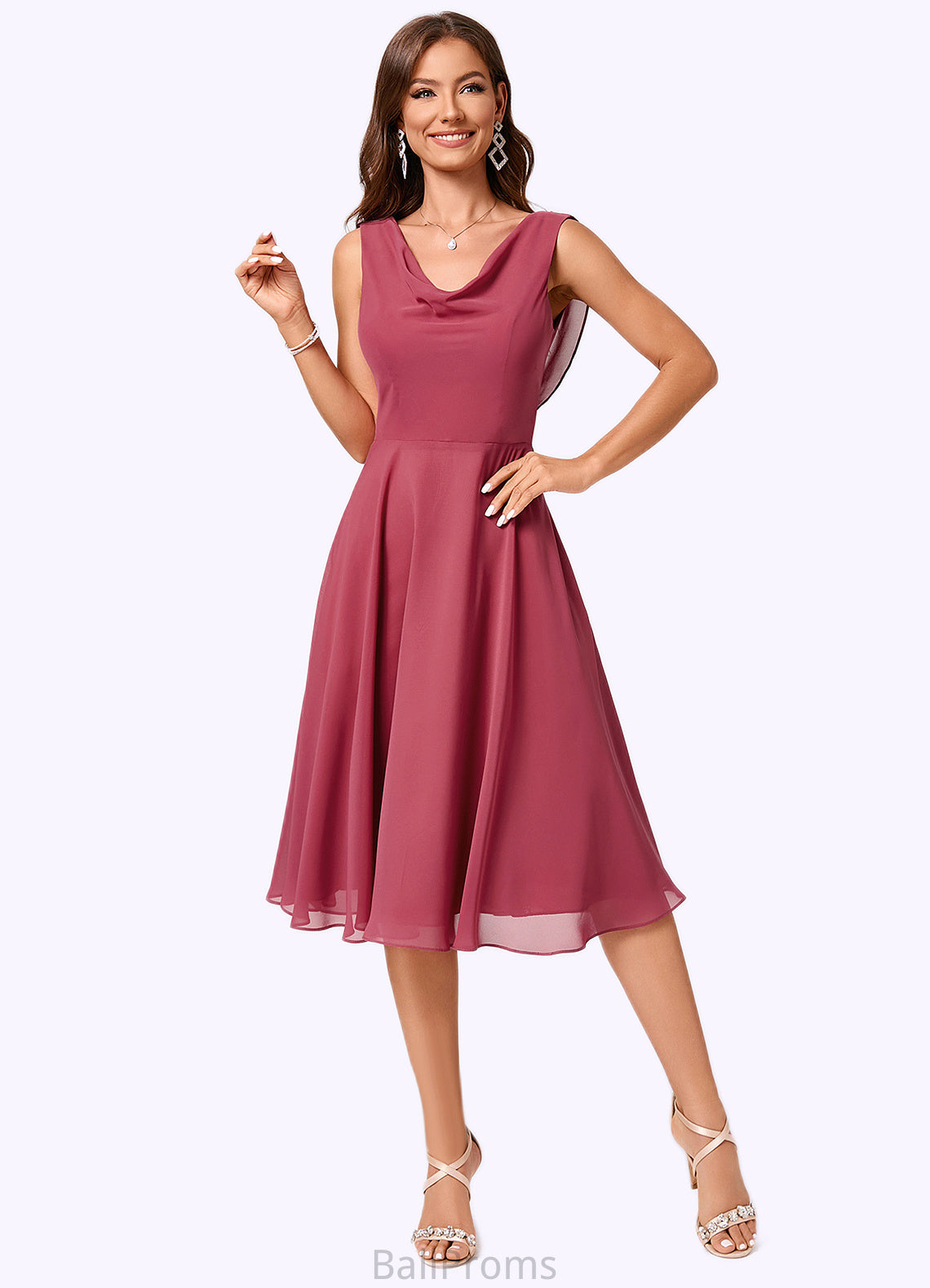 Matilda A-line Cowl Knee-Length Chiffon Cocktail Dress With Ruffle HJP0022232