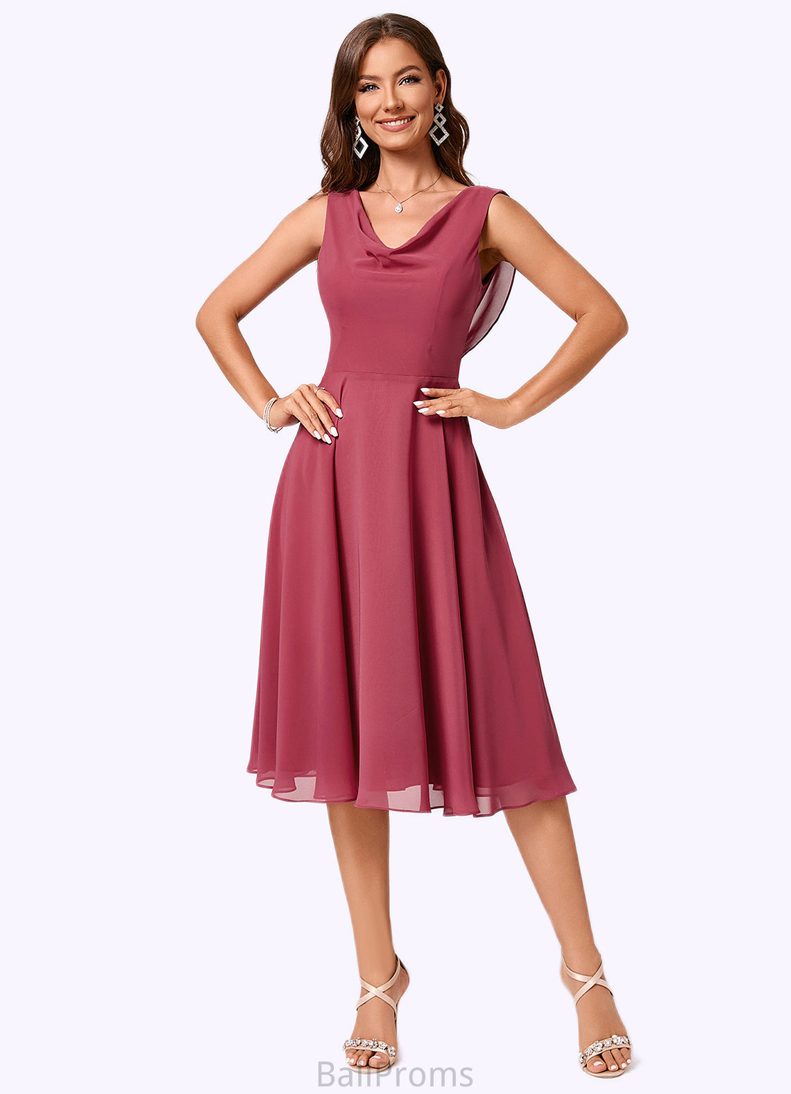 Matilda A-line Cowl Knee-Length Chiffon Cocktail Dress With Ruffle HJP0022232