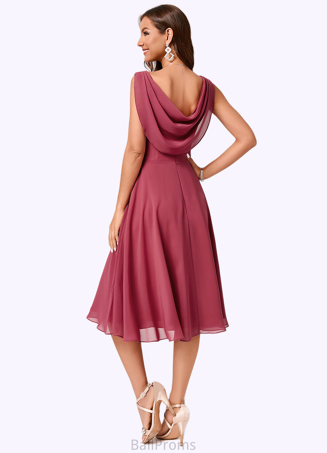 Matilda A-line Cowl Knee-Length Chiffon Cocktail Dress With Ruffle HJP0022232