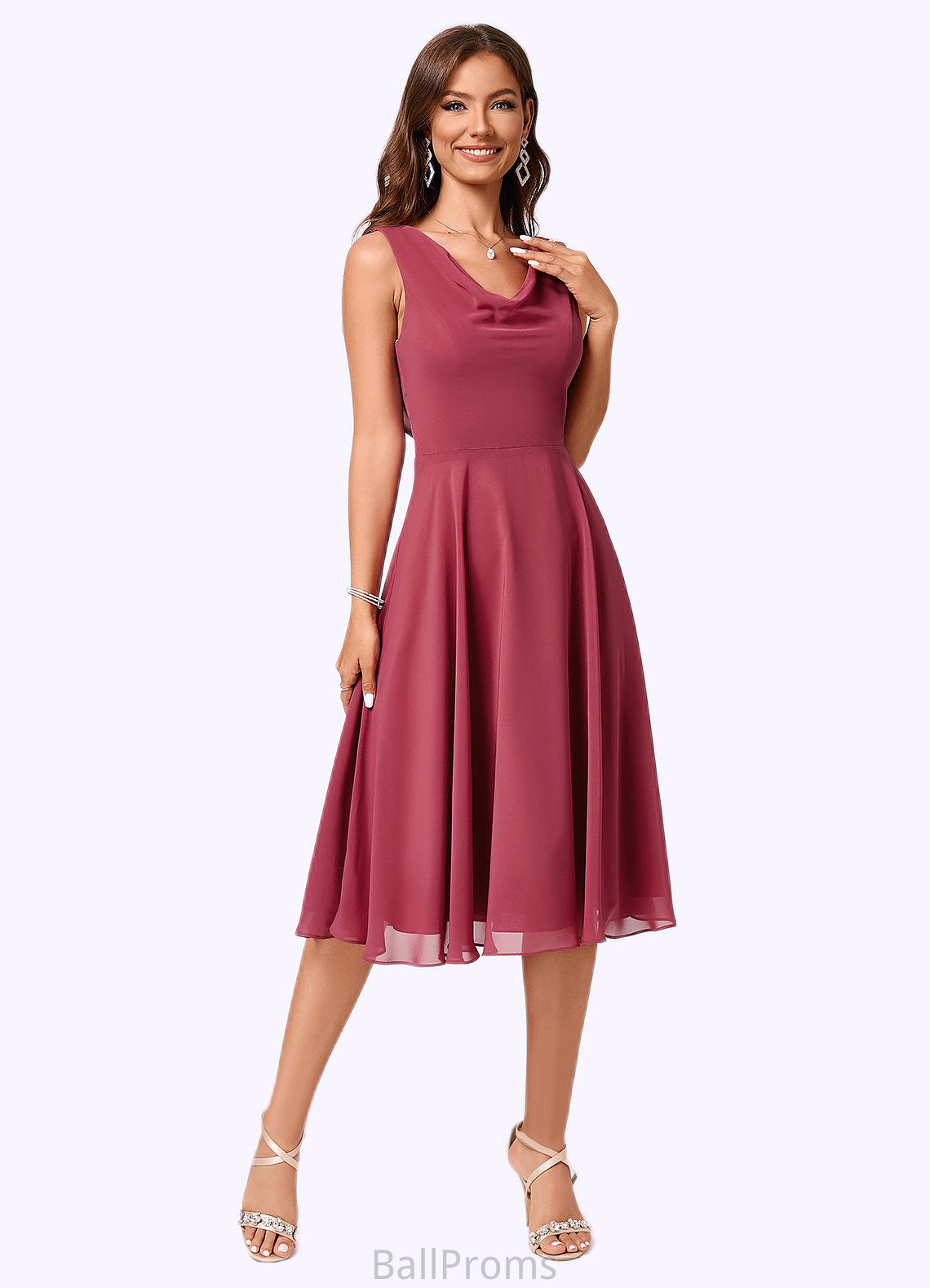 Matilda A-line Cowl Knee-Length Chiffon Cocktail Dress With Ruffle HJP0022232