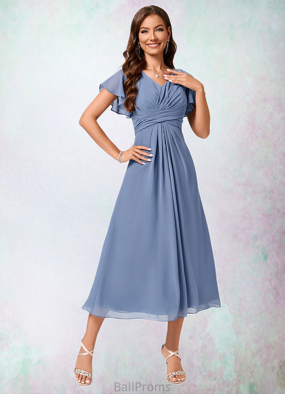 Naomi A-line V-Neck Tea-Length Chiffon Cocktail Dress With Ruffle HJP0022233