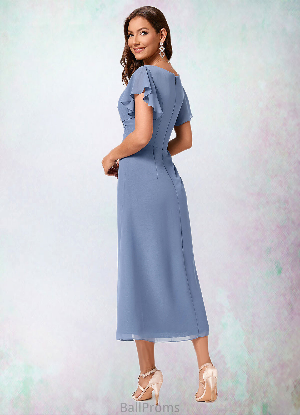 Naomi A-line V-Neck Tea-Length Chiffon Cocktail Dress With Ruffle HJP0022233