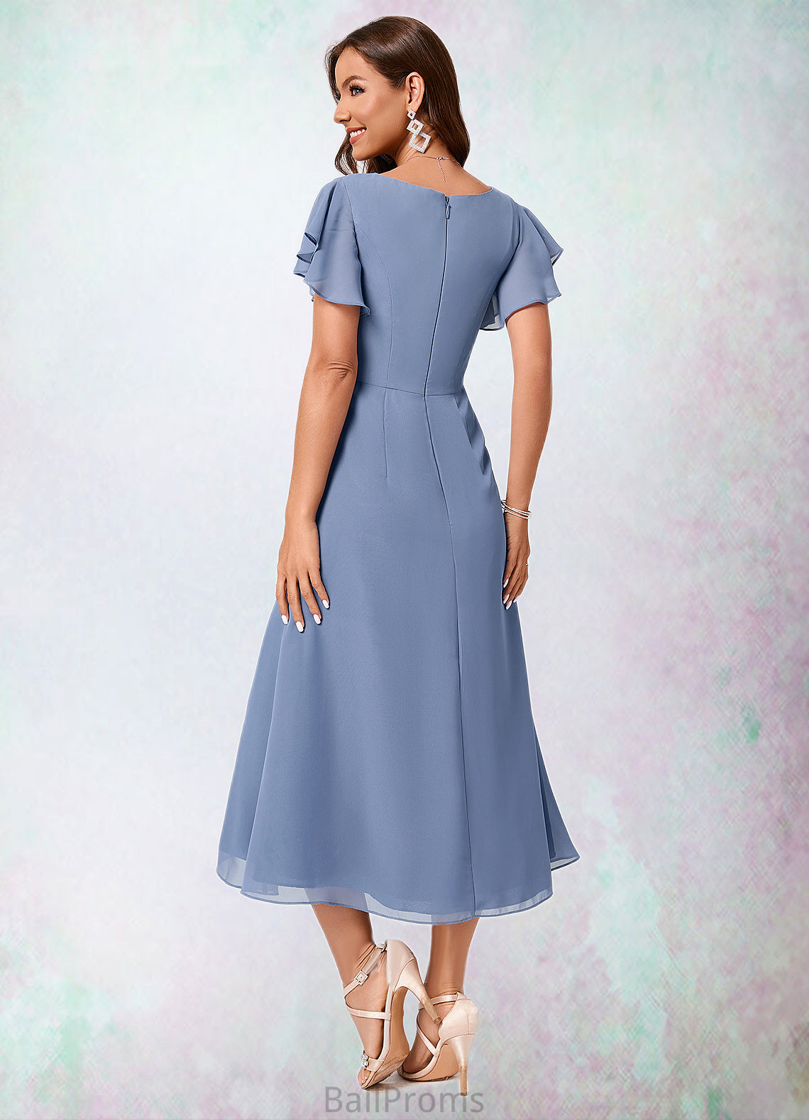 Naomi A-line V-Neck Tea-Length Chiffon Cocktail Dress With Ruffle HJP0022233