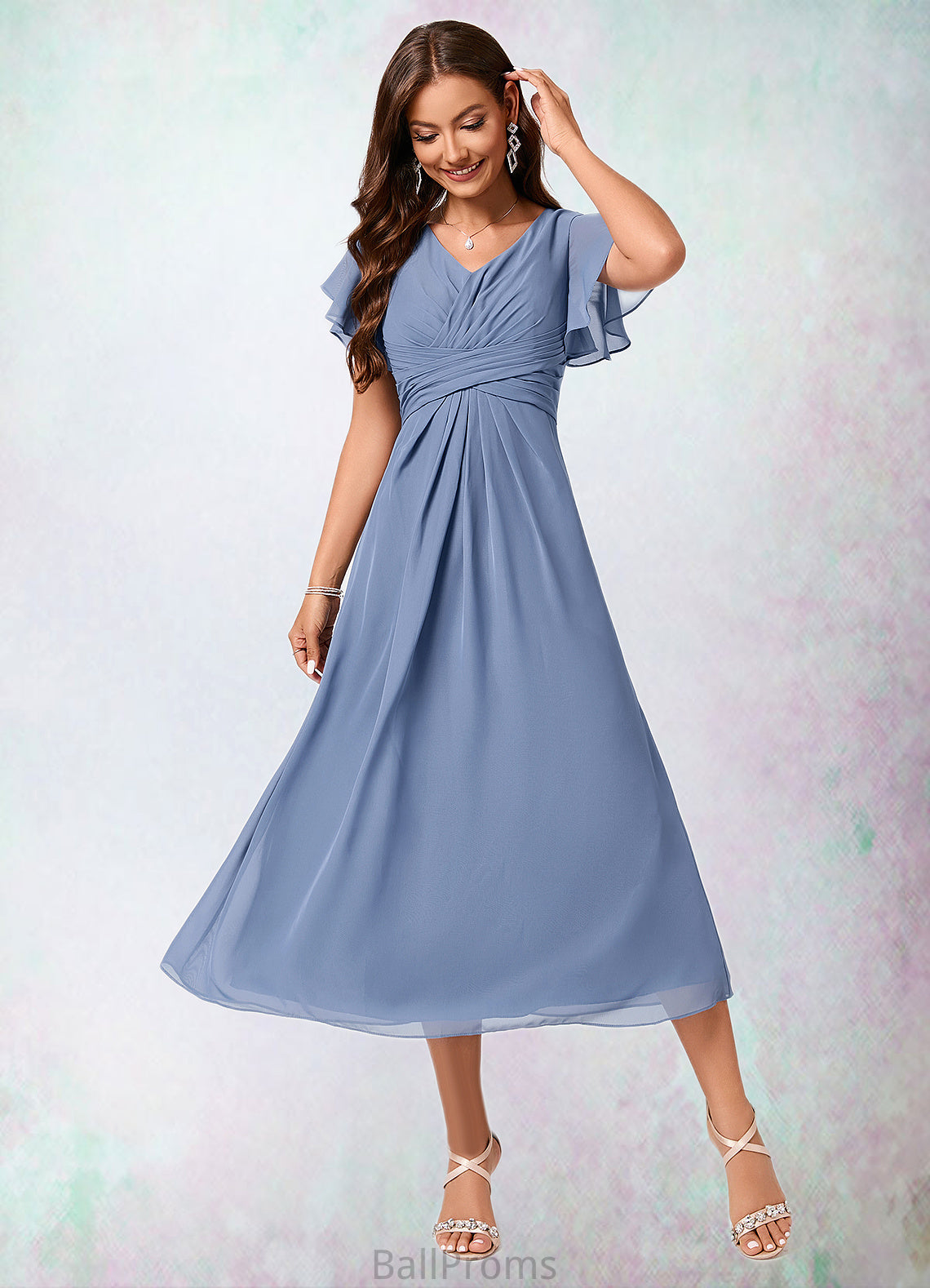 Naomi A-line V-Neck Tea-Length Chiffon Cocktail Dress With Ruffle HJP0022233