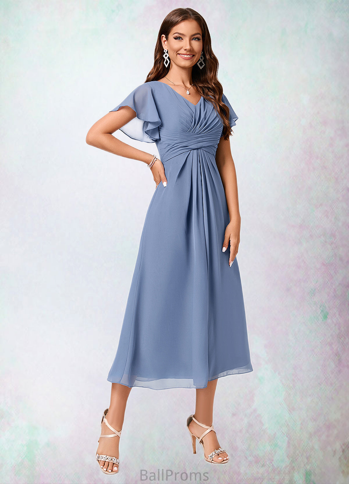 Naomi A-line V-Neck Tea-Length Chiffon Cocktail Dress With Ruffle HJP0022233