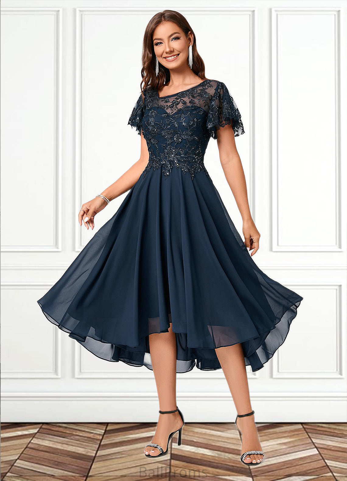 Mya A-line Asymmetrical Asymmetrical Chiffon Lace Cocktail Dress With Ruffle Sequins HJP0022235