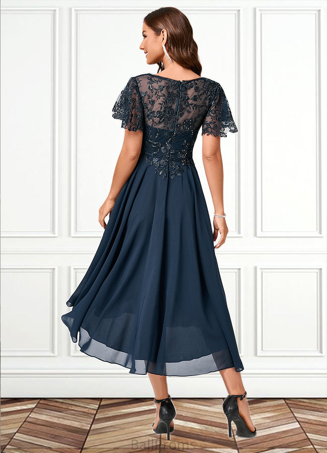 Mya A-line Asymmetrical Asymmetrical Chiffon Lace Cocktail Dress With Ruffle Sequins HJP0022235