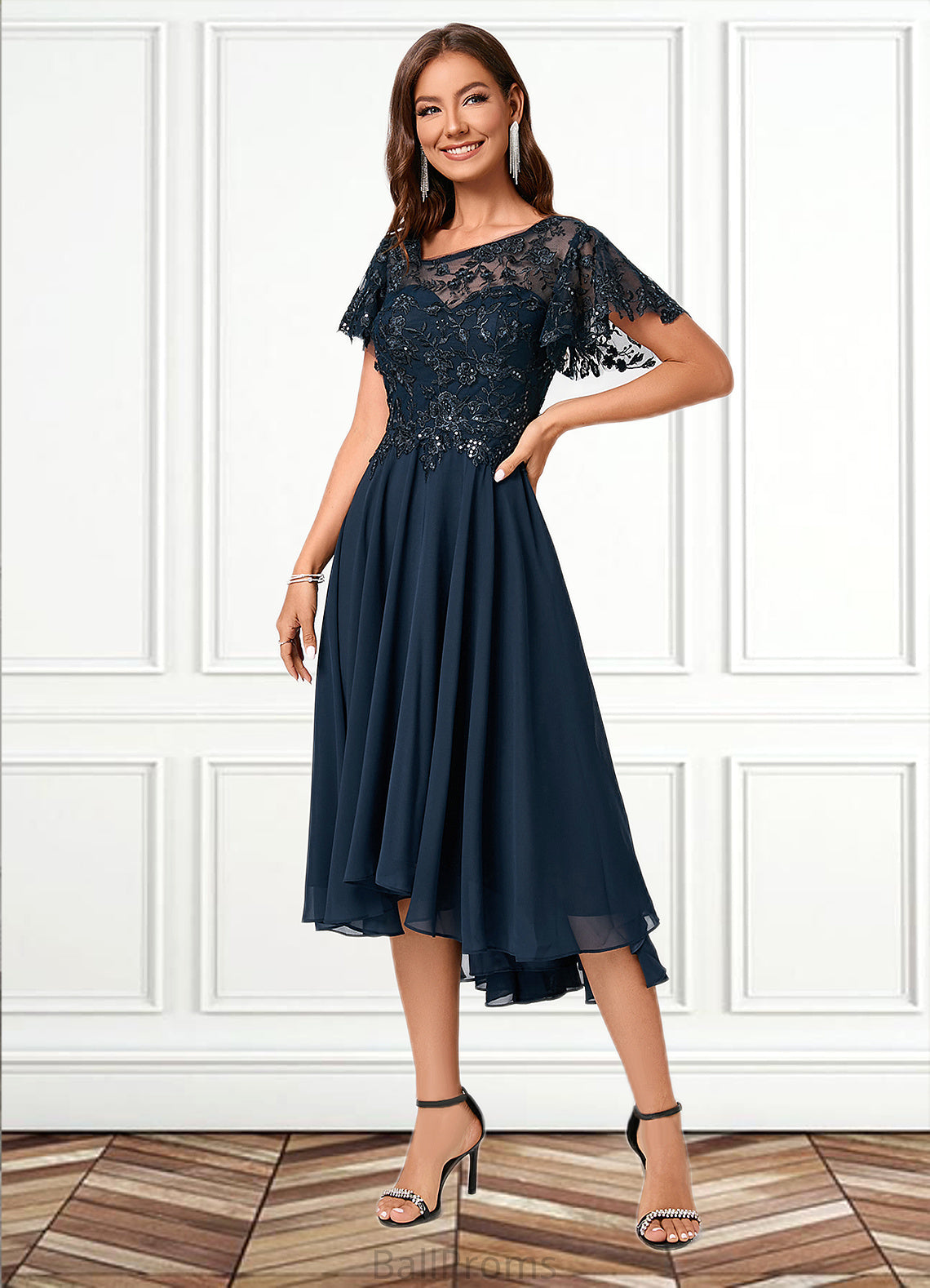 Mya A-line Asymmetrical Asymmetrical Chiffon Lace Cocktail Dress With Ruffle Sequins HJP0022235