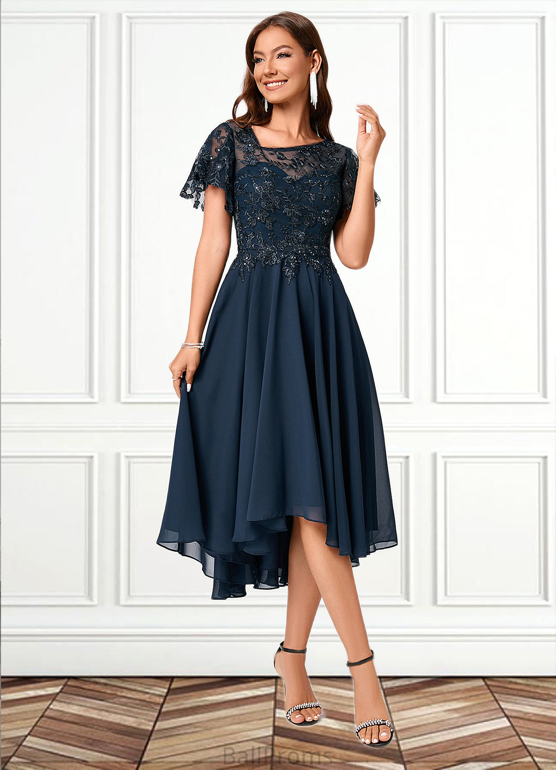 Mya A-line Asymmetrical Asymmetrical Chiffon Lace Cocktail Dress With Ruffle Sequins HJP0022235