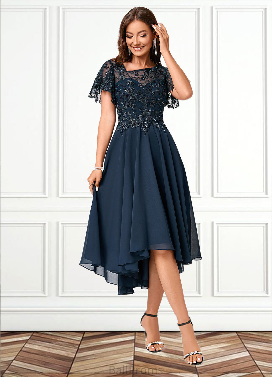 Mya A-line Asymmetrical Asymmetrical Chiffon Lace Cocktail Dress With Ruffle Sequins HJP0022235