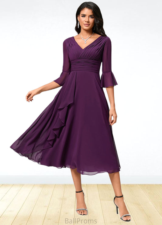 Marcie A-line V-Neck Tea-Length Chiffon Cocktail Dress With Ruffle HJP0022236