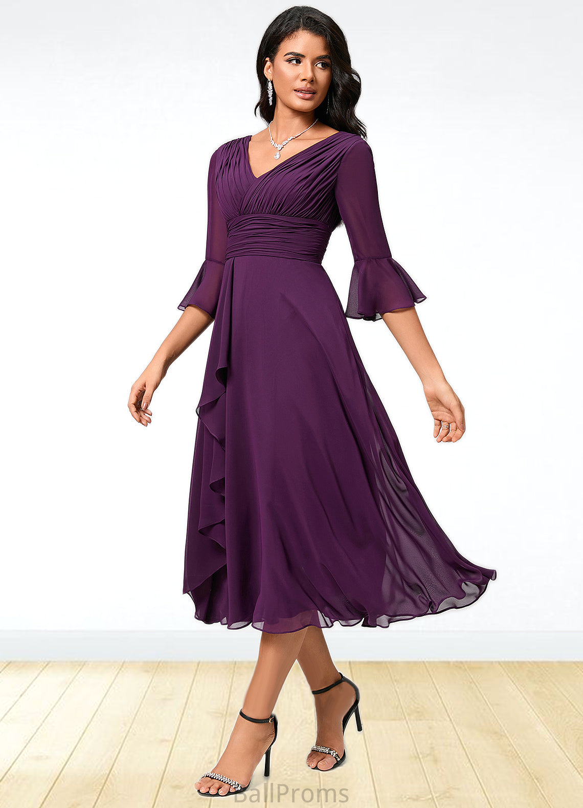 Marcie A-line V-Neck Tea-Length Chiffon Cocktail Dress With Ruffle HJP0022236