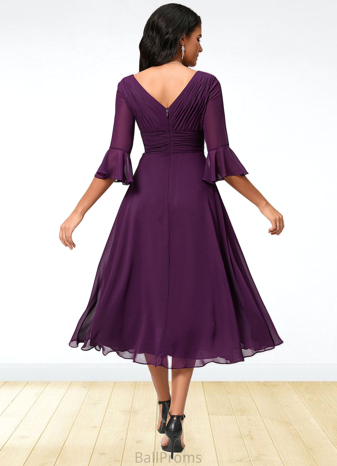 Marcie A-line V-Neck Tea-Length Chiffon Cocktail Dress With Ruffle HJP0022236