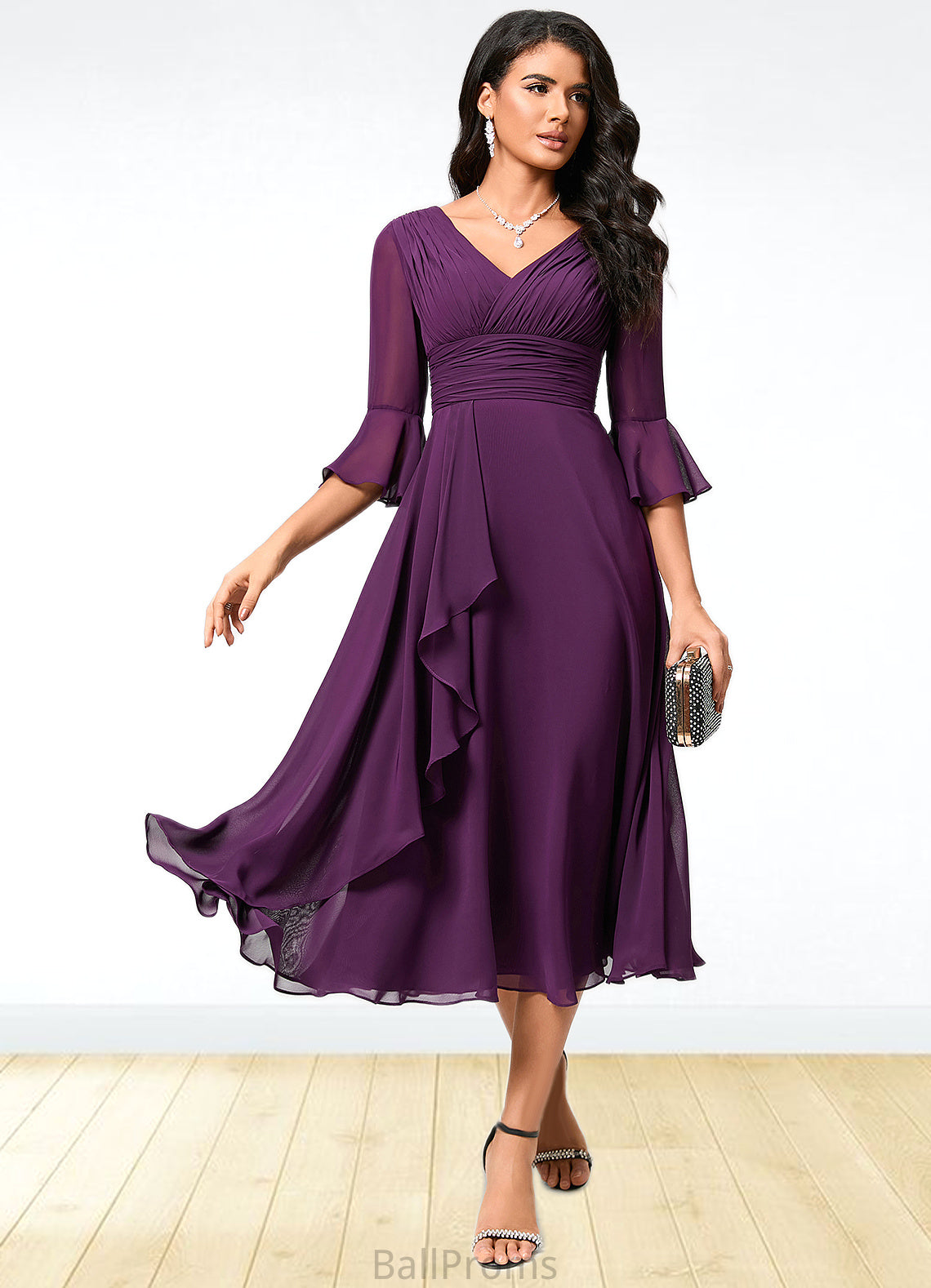 Marcie A-line V-Neck Tea-Length Chiffon Cocktail Dress With Ruffle HJP0022236