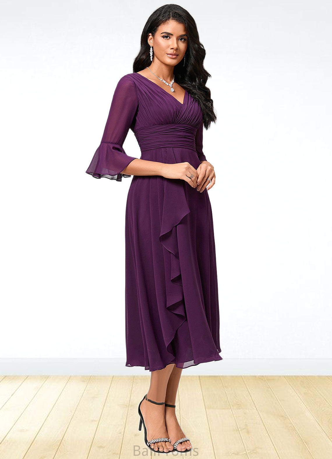 Marcie A-line V-Neck Tea-Length Chiffon Cocktail Dress With Ruffle HJP0022236