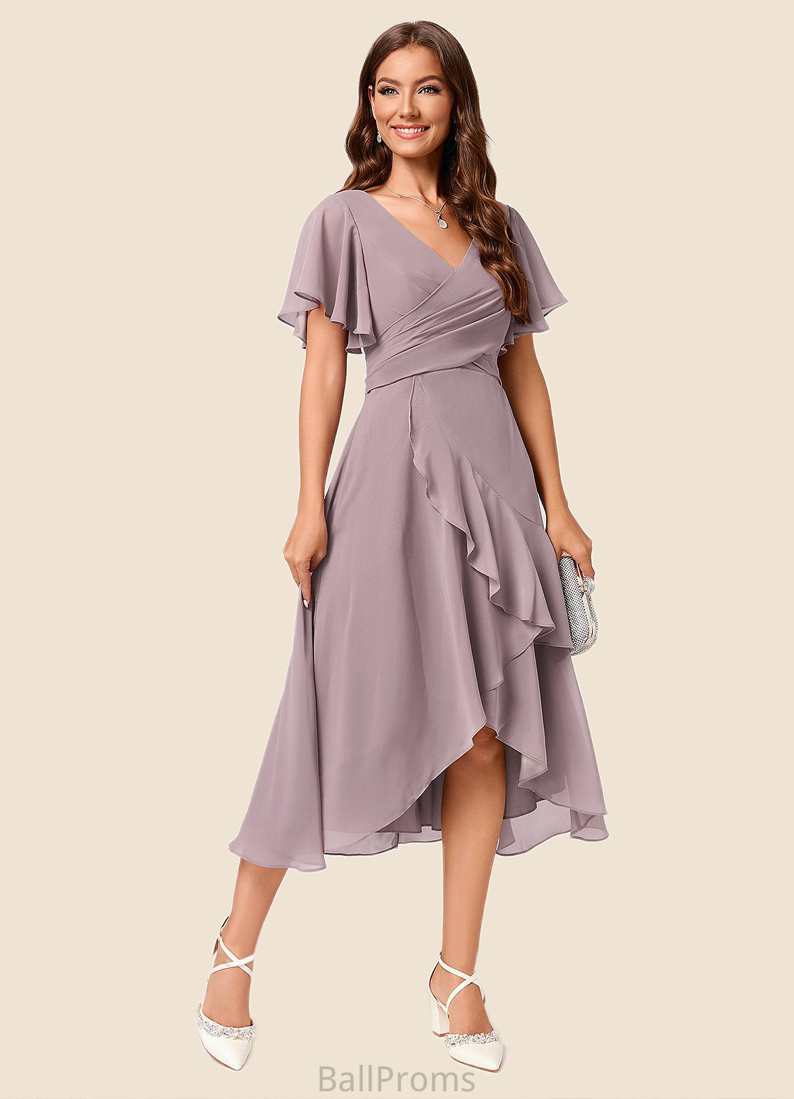 Elaine A-line V-Neck Asymmetrical Chiffon Cocktail Dress With Cascading Ruffles Ruffle HJP0022238