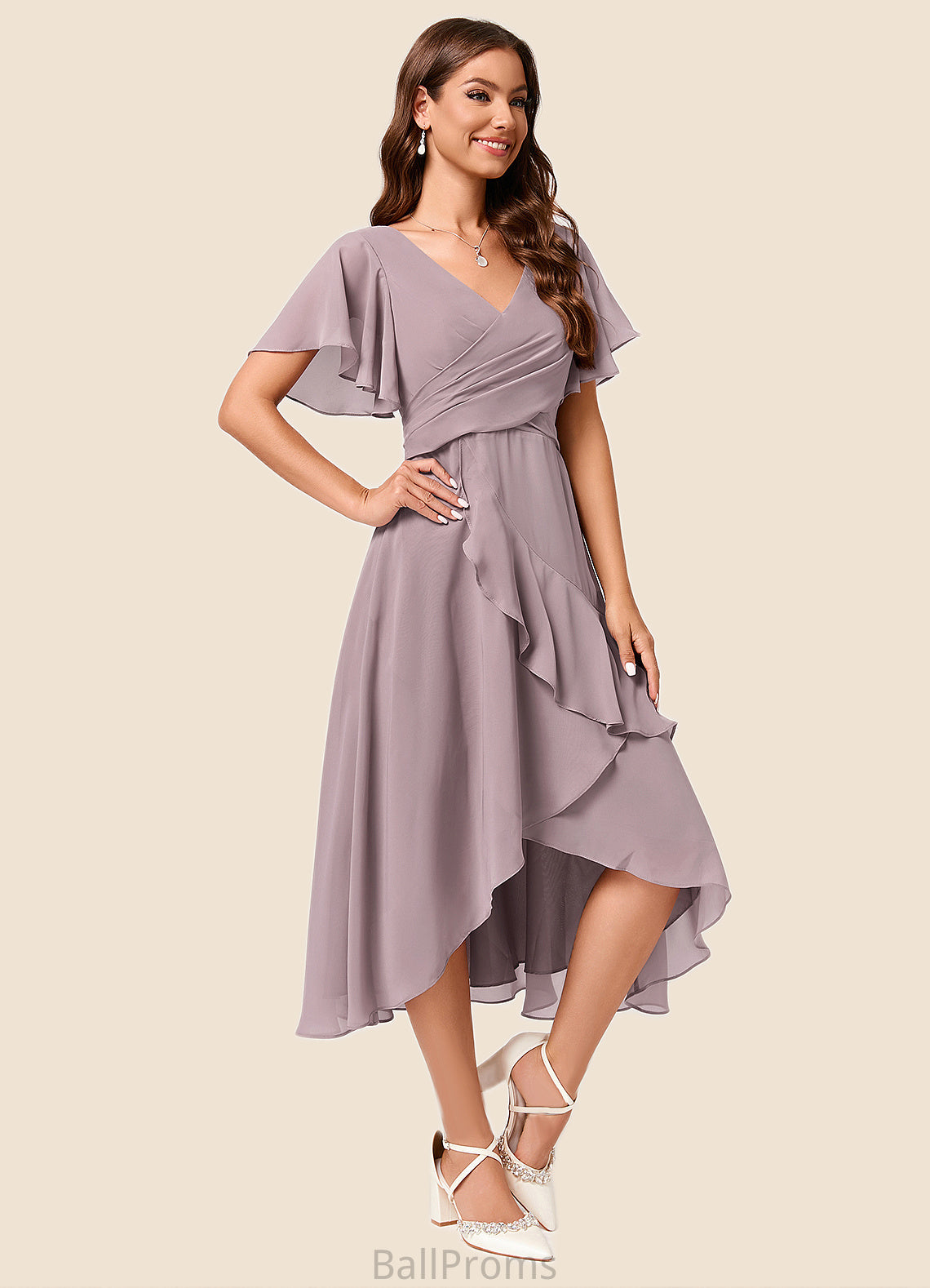 Elaine A-line V-Neck Asymmetrical Chiffon Cocktail Dress With Cascading Ruffles Ruffle HJP0022238