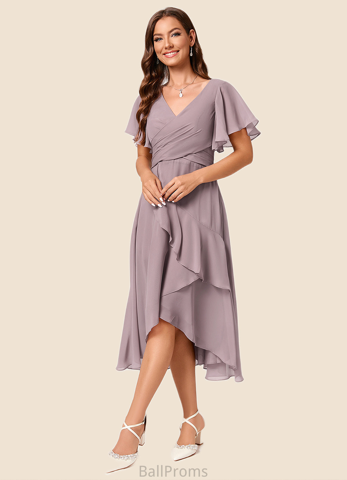 Elaine A-line V-Neck Asymmetrical Chiffon Cocktail Dress With Cascading Ruffles Ruffle HJP0022238