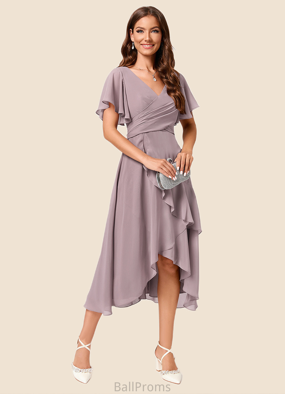 Elaine A-line V-Neck Asymmetrical Chiffon Cocktail Dress With Cascading Ruffles Ruffle HJP0022238