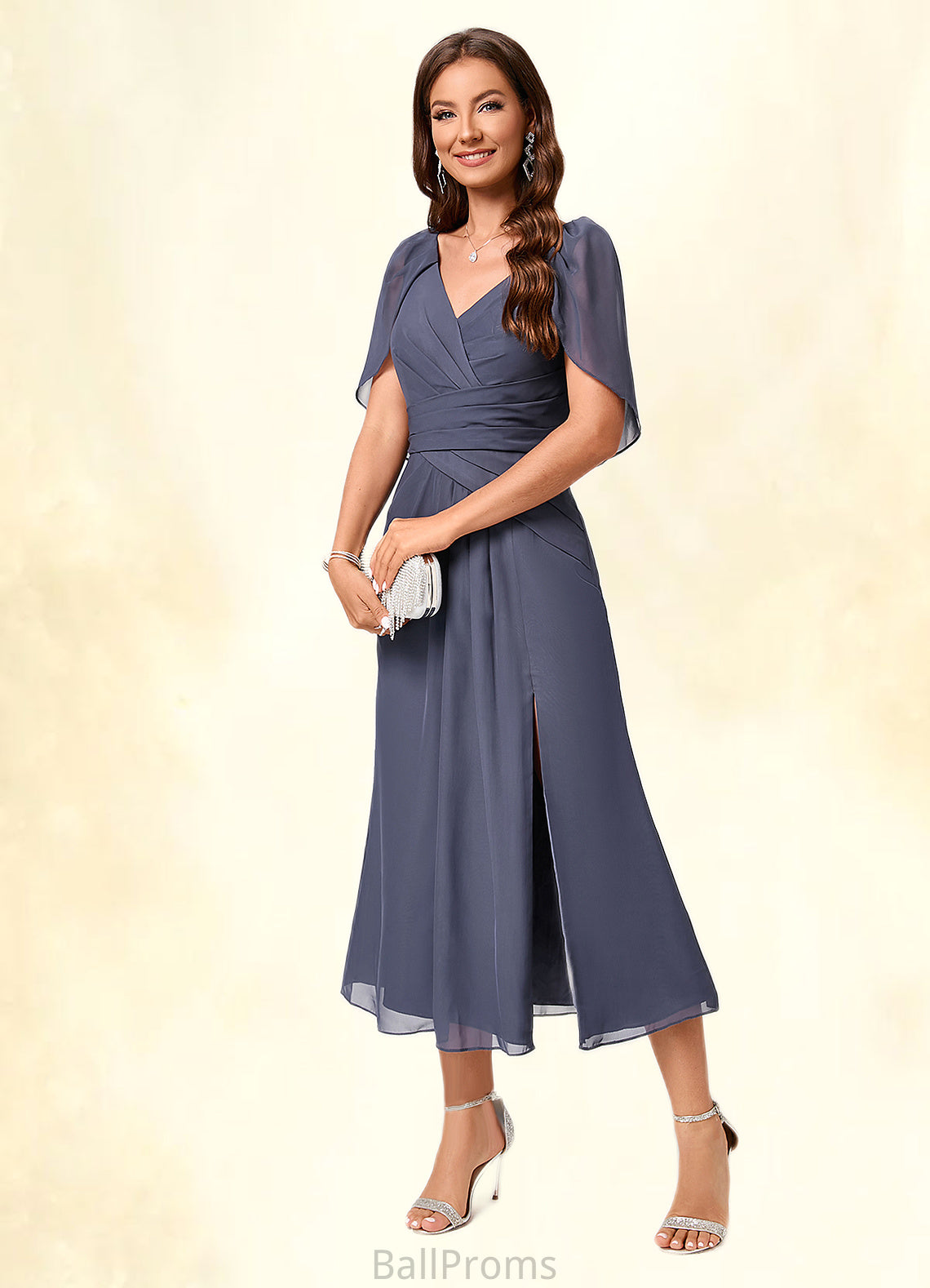 Alayna A-line V-Neck Tea-Length Chiffon Cocktail Dress With Ruffle HJP0022241