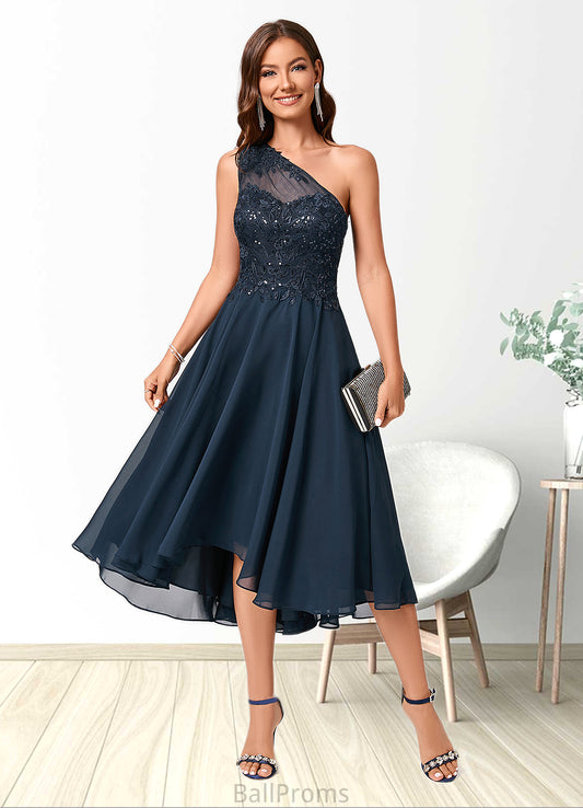 Mariam A-line One Shoulder Asymmetrical Chiffon Lace Sequin Cocktail Dress With Sequins HJP0022245