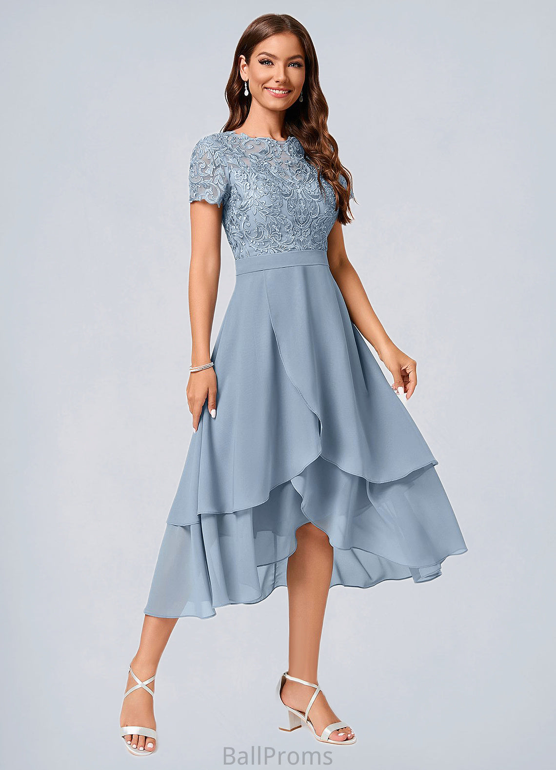 Marlee A-line Scoop Asymmetrical Chiffon Lace Cocktail Dress HJP0022246