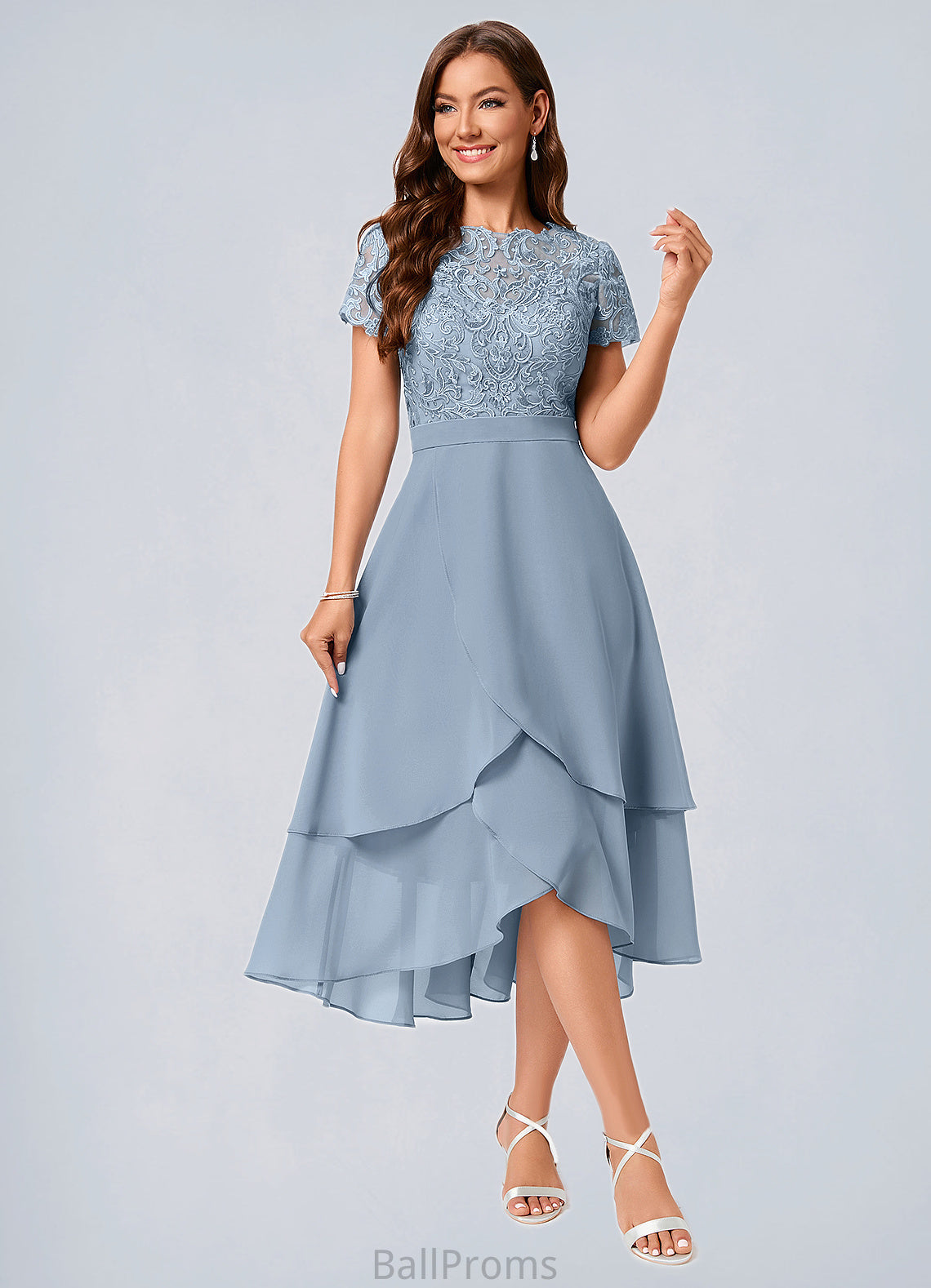 Marlee A-line Scoop Asymmetrical Chiffon Lace Cocktail Dress HJP0022246