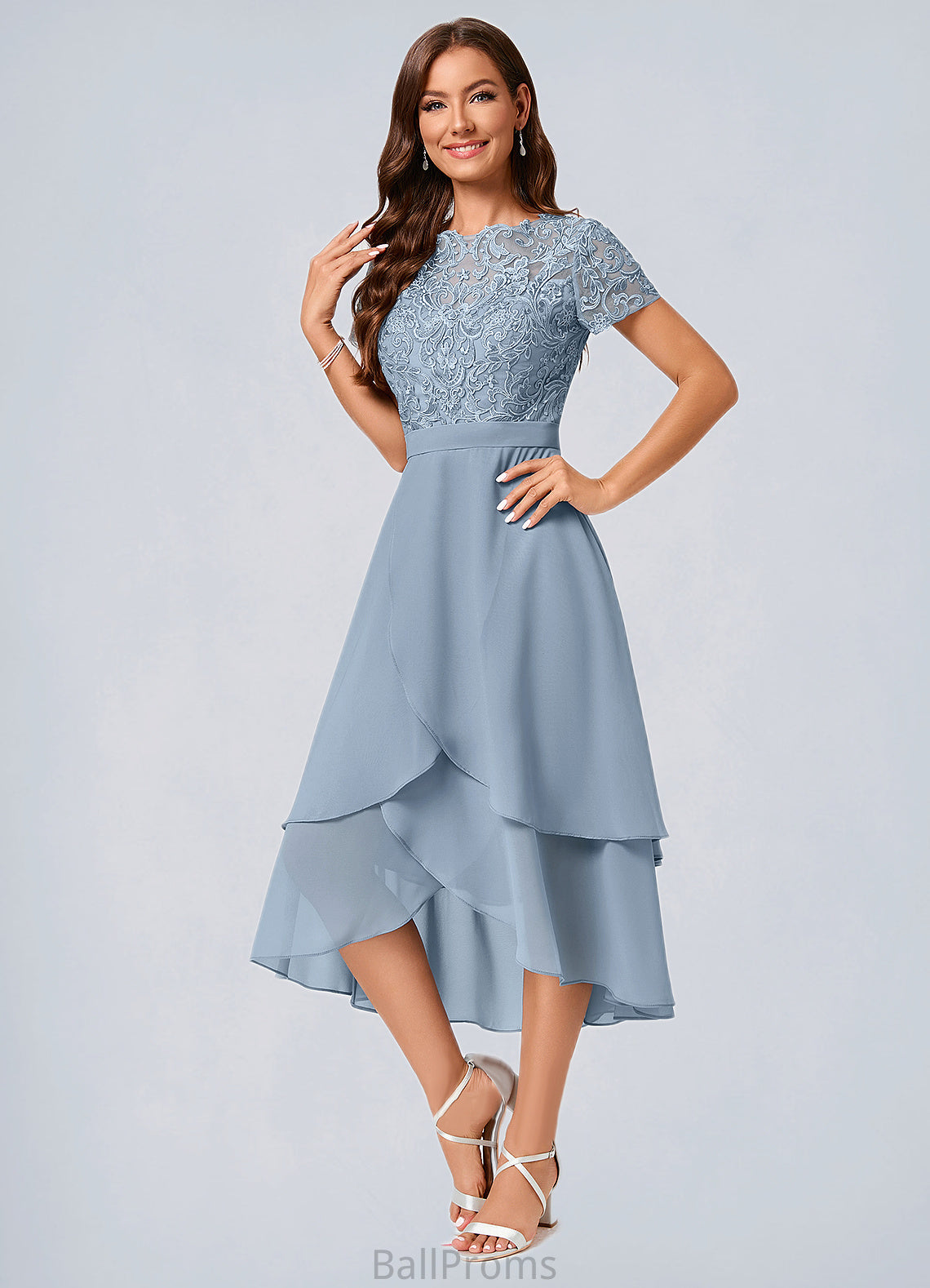 Marlee A-line Scoop Asymmetrical Chiffon Lace Cocktail Dress HJP0022246