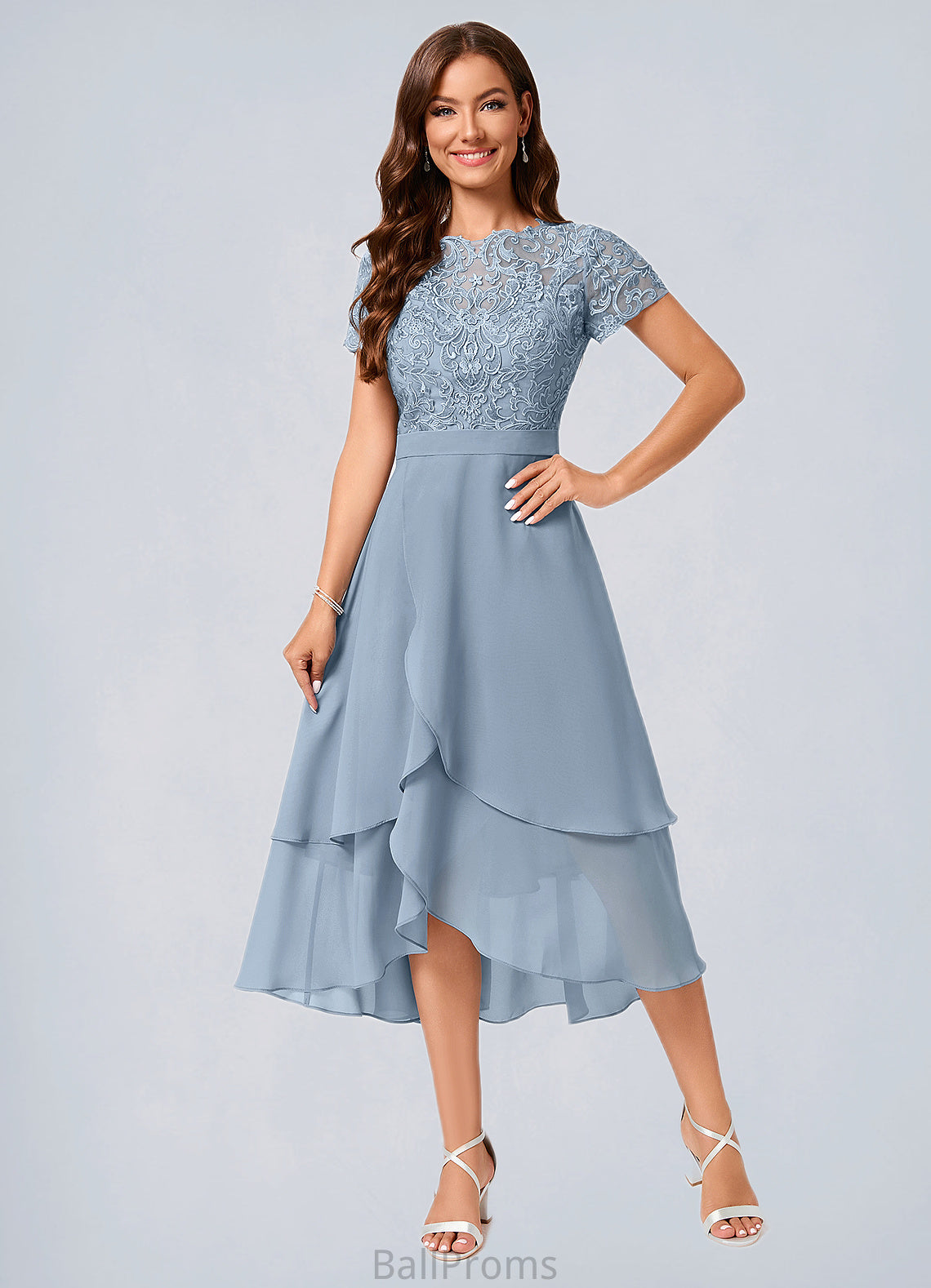 Marlee A-line Scoop Asymmetrical Chiffon Lace Cocktail Dress HJP0022246